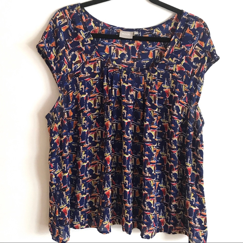 eshakti Navy Blue Printed Cap-Sleeve Blouse with Nautical Print